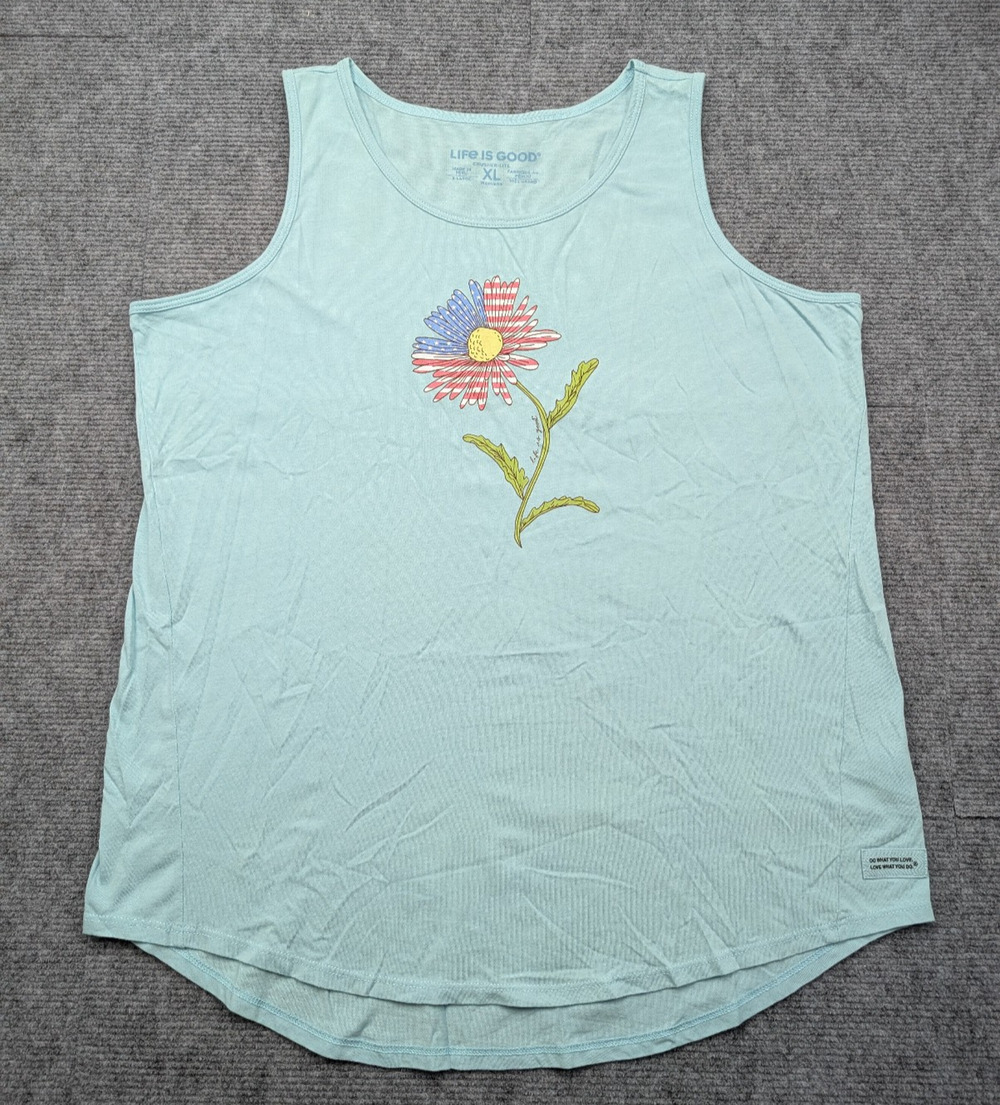 Life Is Good Tank Top Womens XL Crusher Lite Cotton Floral Daisy Patriotic USA